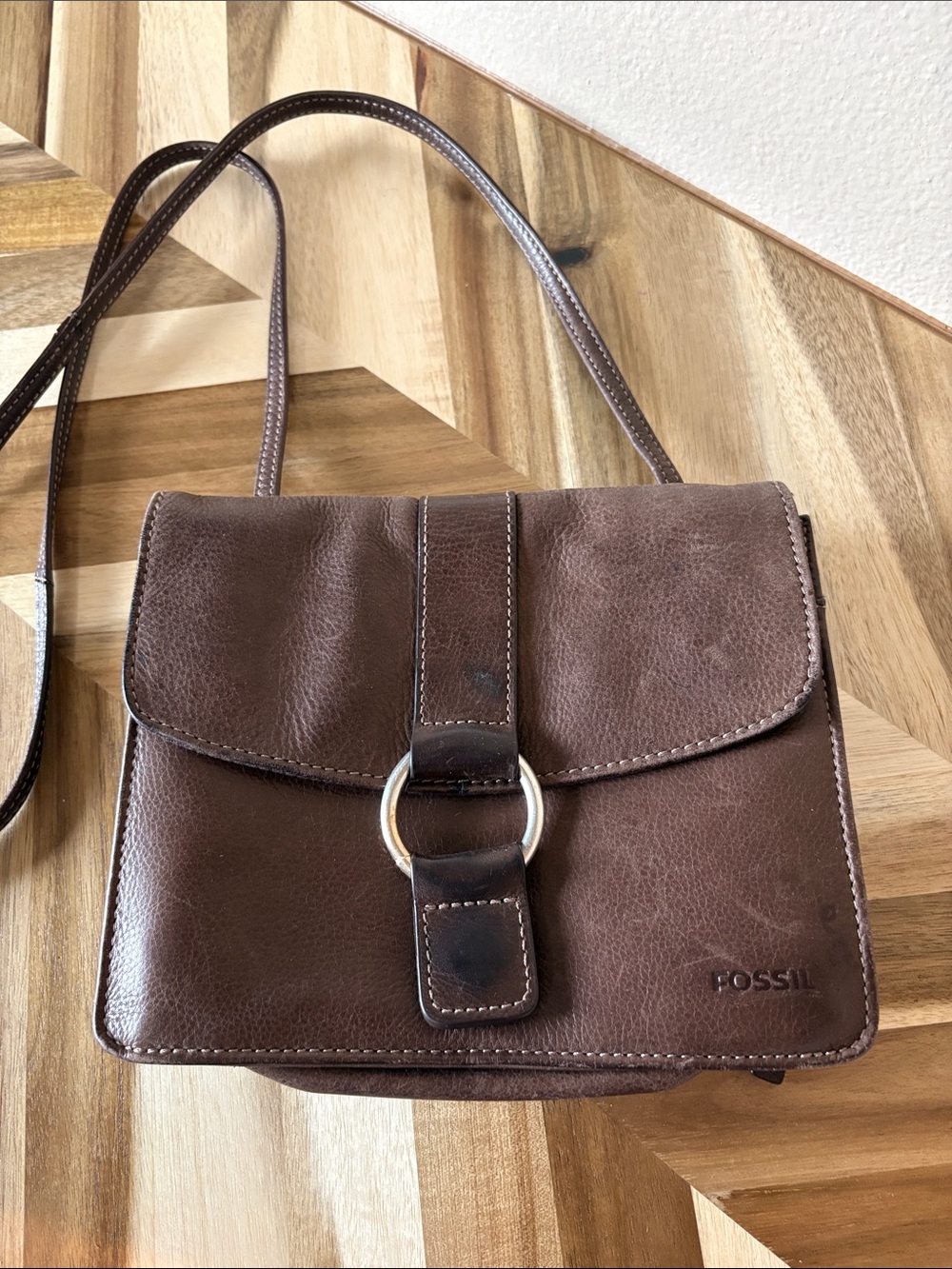 Fossil Dark Brown Leather Messenger Bag with Ring Accent